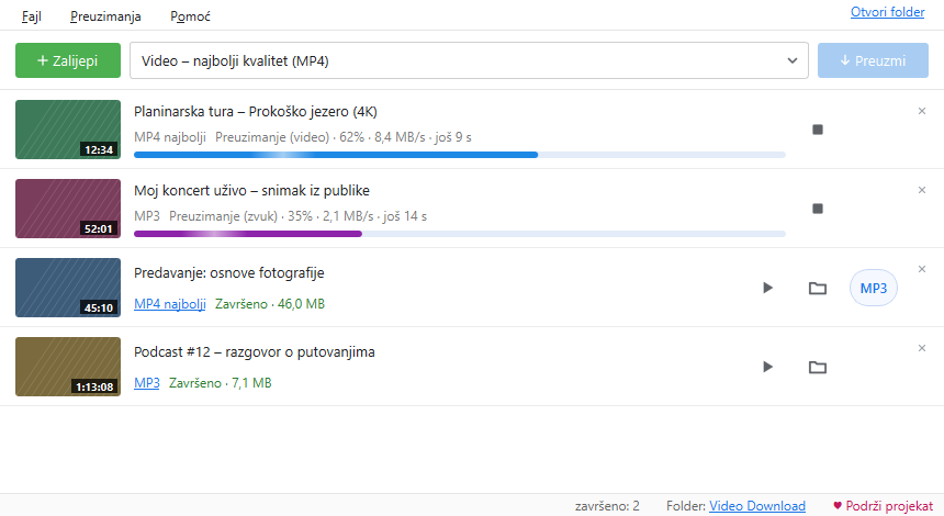 Prozor programa Video Download sa četiri preuzimanja