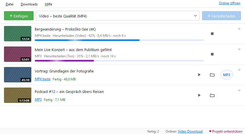 Das Fenster von Video Download mit vier Downloads
