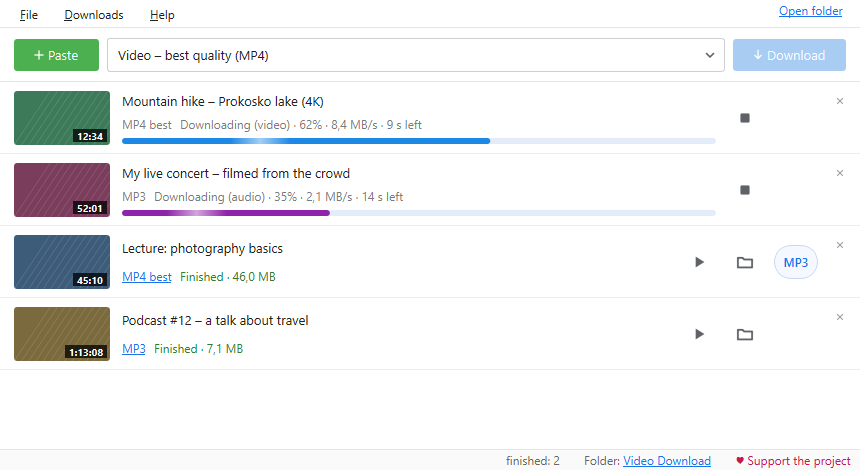 The Video Download window with four downloads