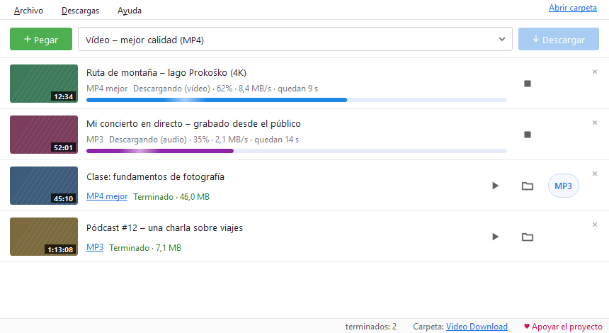 La ventana de Video Download con cuatro descargas