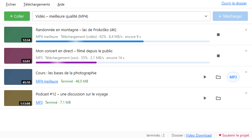 La fenêtre de Video Download avec quatre téléchargements